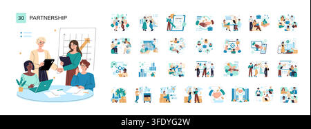 Partnerschaftsgeschäft-Vektorillustrationsset mit Teammitgliedern, die sich die Hand geben, ein Treffen, einen Vertrag unterzeichnen, eine Strategie planen, Networking, Fernzusammenarbeit, Wachstum und Vereinbarung Stock Vektor