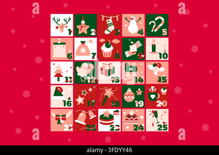 Weihnachts-Adventskalender-Raster nummerierte Karten traditioneller Retro-Stil Feiertags-Countdown-Vektor. Fünfundzwanzig quadratische nummerierte Kacheln mit Rentieren Stock Vektor