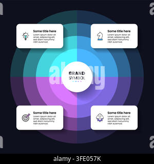 Infografik-Vorlage mit Symbolen und 4 Optionen oder Schritten. Kreis. Kann für Workflow-Layout, Diagramm, Webdesign verwendet werden. Vektorillustration Stock Vektor