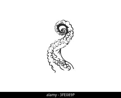Tintenfisch-Tentakel handgezeichnete Linienkunst, Seetier-Arm mit Saugnäpfen, Meerestier-Tattoo-Stil Vektor-Illustration isoliert auf Weiß Stock Vektor