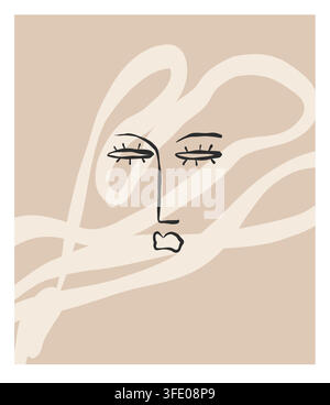 Abstraktes Frauen-Gesicht mit organischen Linien, minimalistisches weibliches Porträt in neutralen Beigefarben, zeitgenössische moderne Wandkunst-Vektorillustration Stock Vektor