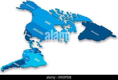 Isometrische politische Karte der Amerikas. Blaues Land mit Ländernamenbeschriftungen auf weißem Hintergrund. 3D-Vektorillustration Stock Vektor