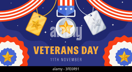 Glückliches Veterans Day Horizontal-Banner-Design mit Medaillen-Vektor Stock Vektor