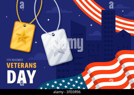 Veterans Day Landschafts-Banner-Vorlage mit US-Flagge und Hundemarken Stock Vektor