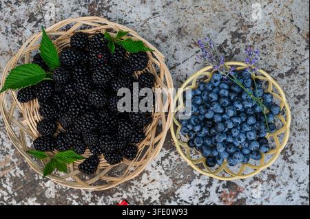 Frische Brombeeren und Blaubeeren in Weidenkörben mit grünen Blättern Stockfoto