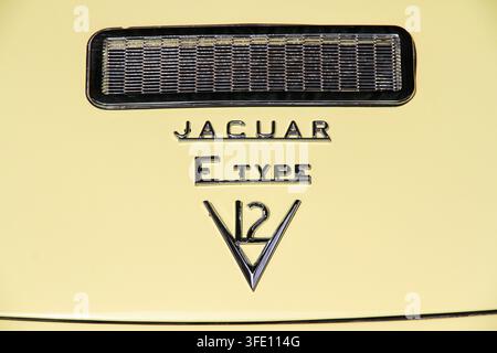 Detail des Chrom-Emblems und der Lüftungsöffnung des Jaguar E-Type V12 auf einem klassischen britischen primelgelben Serien-3-Sportwagen. Stockfoto
