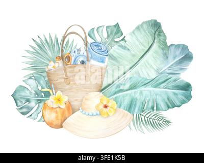 Eine Aquarellvorlage mit einem tropischen Sommerurlaubsthema. Bananenpalmenblätter und Monstera. Ein handgezeichneter Kokosnuss-Cocktail mit Plumeria. Meeresmuscheln Stockfoto