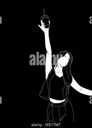 Minimalistische Linienillustration einer Frau, die einen Wunderkerzen gegen einen dunkelblauen Hintergrund hält. Stockfoto
