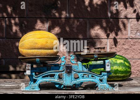 Vintage-Mechanikwaage wiegt reifen gelben Melon draußen ab, Nahaufnahme. Alte rostige Waage mit süßer Melone und Eisengewichten auf Holztable agai Stockfoto