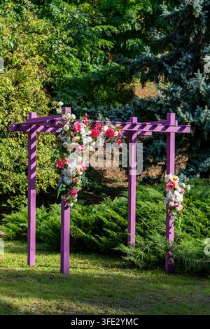 Lila hölzerne Hochzeitsbögen, die mit Blumen im Garten dekoriert sind. Aufbau einer Outdoor-Hochzeitszeremonie mit violetter Pergola-Struktur, die mit romantischem p geschmückt ist Stockfoto