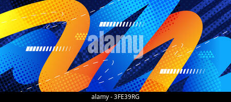 Sportlicher Hintergrund mit kräftigen welligen Linien in blauem und orangefarbenem Farbverlauf, Halbtone-Muster und geometrischen Formen Stock Vektor