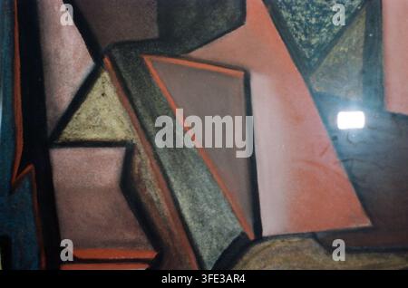 Nahaufnahme eines abstrakten kubistischen Kunstwerks mit kantigen geometrischen Formen in Terrakotta, Mauve, Oliv und dunklen Tönen. Starke Umrisse und fragmentierte Pl Stockfoto