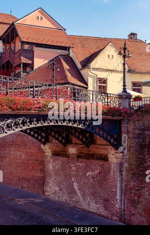 Blumenbesetzte gusseiserne Brücke der Lügen und traditionelle Dächer im historischen Sibiu, Rumänien Stockfoto