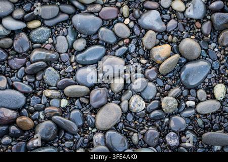 Ansicht von bunten glatten nassen Kieselsteinen am Meeresstrand der Pazifikküste im Nordwesten Stockfoto