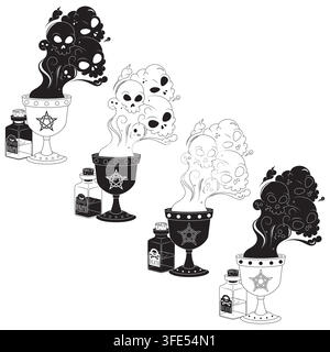 Minimalistische schwarz-weiße Strichzeichnung eines mystischen Kelches mit dämonischem Halloween-Rauch, ideal für einfache Logos, Stempel und Mystery-Drucke. Stock Vektor