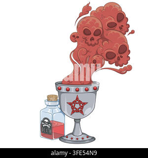 Farbillustration eines alten Kelchs mit dämonischem Halloween-Rauch, perfekt für Horror-Projekte, mystische Konzepte, dunkle Magie und gruselige Ereignisse. Stock Vektor