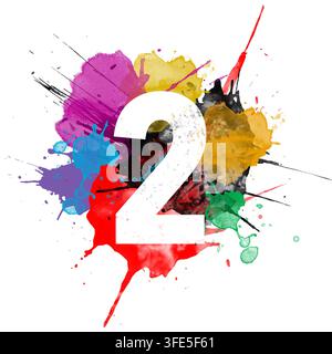 Satz von Zahlen auf mehrfarbigem Aquarellhintergrund, 3D-Rendering, Zahl 2 Stockfoto