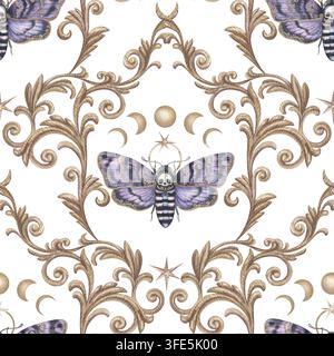 Goldenes heraldisches Ornament mit Totenkopf-Schmetterling, nahtloses Muster. Handgezeichnetes Aquarell-Gold-Barock-Ornament. Vintage-Grafik für dekoratives Design. Astrologisches Repeat für Stoff oder Tapete. Stockfoto