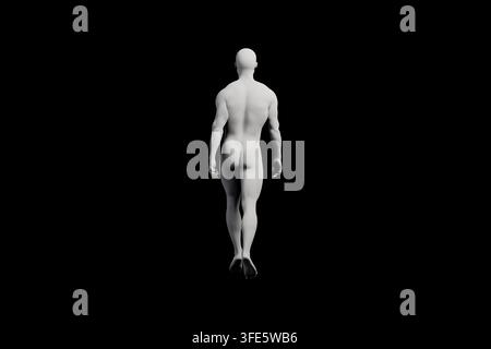 Ein hochwertiger 3D-Render eines männlichen Mannequins, das mit einem sanften Übergang zur Drehung geht, ideal für Modedesigner, die genaue Körperreferenzen suchen. Stockfoto