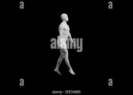 Ein hochwertiger 3D-Render, der einen männlichen Mannequin zeigt, der eine Reihe von Kurven durchläuft, vor einem sauberen, professionellen Studiohintergrund. Stockfoto