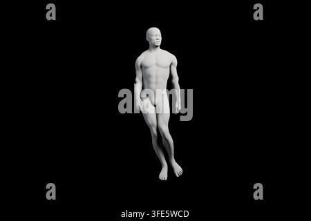 Eine saubere und detaillierte 3D-Darstellung einer männlichen Schaufensterpuppe, die selbstbewusst mit den Armen an den Seiten vor einem scharfen schwarzen Studiohintergrund steht. Stockfoto