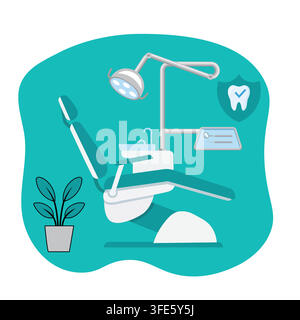 Flache Vektorillustration eines modernen Zahnklinik-Innenraums mit medizinischem Stuhl, Lampe, Werkzeugen, Pflanze und Zahnsschutzschild-Logo Stock Vektor