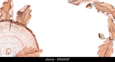 Ein rechteckiger Rahmen aus geschnittenem Eichenholz, Blättern und Eicheln, die in den Ecken angeordnet sind. Isolierte Aquarellillustration für Karten, Einladungen, Verpackungen Stockfoto