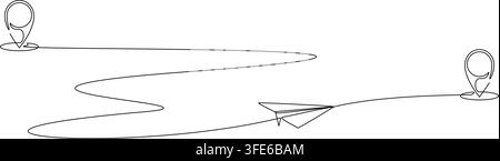 kontinuierliche Liniendruckzeichnung eines Papierflugzeugs, das entlang einer gewundenen Route zwischen zwei Kartenstecknadel-Positionsmarkern fliegt, Luftfahrt-Linienkunst-Vektorillustration Stock Vektor