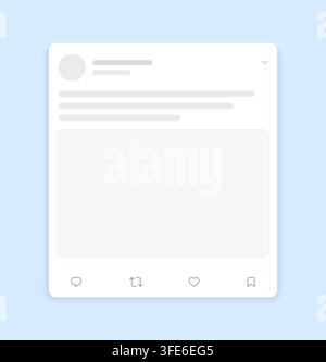 Minimalistisches Blankes Social-Media-Post-Feed-UI-Wireframe-Template-Mockup mit Like-, Kommentar- und Teilen-Buttons für Mobile App und Weboberfläche Stock Vektor