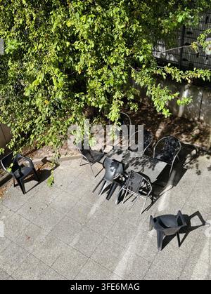 Sonnenbeschienener Innenhof mit grünen Baumästen und dichtem Laub, das einen Metall-Außentisch und Stühle auf einer gepflasterten Terrasse überschattet, mit Baum, Blättern, Stockfoto