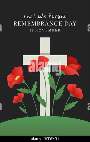 Gedenktaags-Posterdesign im Hochformat mit Mohnblume und Kreuz Stock Vektor