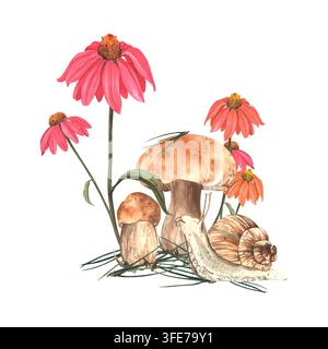 Eine herbstliche Aquarellillustration mit Waldpflanzen und Tieren. Die Komposition zeigt braune Pilze, Blumen, eine Schnecke und Kiefernnadeln. Handgefertig Stockfoto