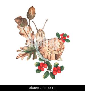 Eine herbstliche Aquarellillustration mit Waldpflanzen und Tieren. Eine Komposition eines süßen Lächelns auf Eichenblättern, umgeben von roten Preiselbeeren Stockfoto