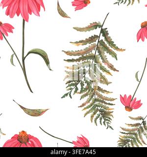 Nahtloses herbstliches Aquarellmuster. Zartes Design aus rosa Blumen, Farnblättern und getrockneten Pflanzen. Weißer Hintergrund. Stockfoto