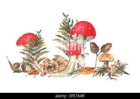 Eine herbstliche Aquarellillustration mit Waldpflanzen und Tieren. Eine Komposition aus Waldpilzen und einer Schnecke, umgeben von Laub Stockfoto