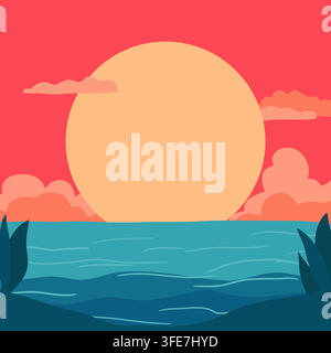Retro-Flachdesign-Sonnenuntergang über dem Ozean mit Sonne, Vektorillustration. perfekt für Reiseposter, Sommerstrand-Hintergründe, Social-Media-Grafiken, mo Stock Vektor