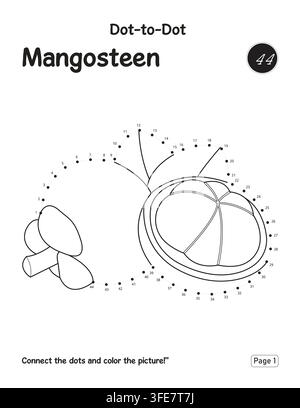 Vorschul-Lernaktivitätspuzzle-Seite mit Mangosteen-Punktverbinden-Umriss Stock Vektor