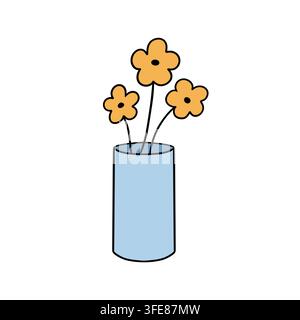 Niedliche handgezeichnete orangefarbene Blumen in einer blauen Vase. Einfache minimalistische Blumenillustration mit kräftigen schwarzen Umrissen isoliert auf weißem Hintergrund. Stockfoto