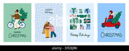 Sammlung von illustrierten Weihnachtsgrußkarten mit Winterfiguren, Geschenken, Fahrrädern, Grünpflanzen und festlicher Schrift, fröhliche Jahreszeit Stock Vektor