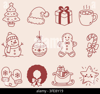Handgezeichnete Weihnachtsillustrationen mit einem Baum, einem Weihnachtsmannhut, einem Geschenk, einer Tasse, einem Schneemann, einem Ornament, einem Lebkuchenmann, einem Zuckerstange, Handschuhen und einem Kranz. Stock Vektor