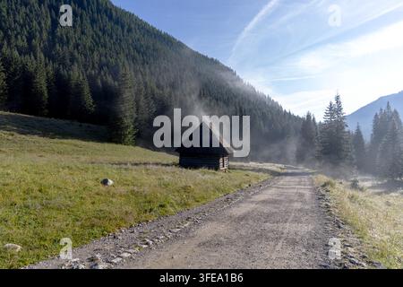 Morgensonne beleuchtet den Morgennebel, der um eine alte Holzhütte neben einer ländlichen Schotterstraße in den Bergen aufsteigt. Stockfoto