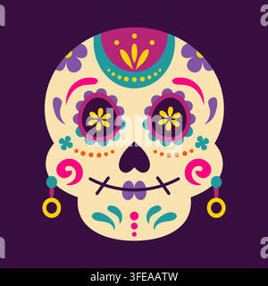 Dia de los Muertos. Mexikanische Calavera-Zucker-Schädel-Illustration mit Blumendekoration. Festliches mexikanisches Kulturfest symbolischer Tag der Toten Feier. Cartoon-Vektor verzierte Calaca-Schädel. Stock Vektor