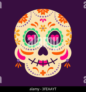 Dekorativer Calavera-Schädel mit Blumen und kunstvollem Volksmuster. Design der mexikanischen Kulturfeier Día de los Muertos. Traditionelles mexikanisches Festival, symbolisch für die Todesfeier. Stock Vektor