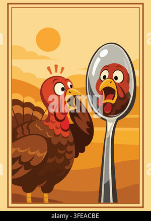 Eine Cartoon-Truthenne, die über ihr eigenes Spiegelbild in einem glänzenden Silberteller überrascht aussieht, humorvolle Thanksgiving-Konzeptillustration. Stock Vektor