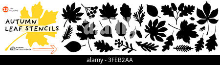 Vektor-Set mit Herbstblatt-Schablonen mit 23 schwarzen Laub-Silhouetten über Eichen-, Ahorn- und Kiefernzweigen. Kühne Umrissformen eignen sich für Stempel, Logos und Stock Vektor