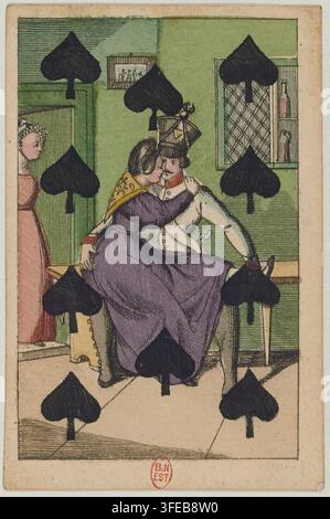Ein gestochener Druck, der ein Paar zeigt, das auf einer Bank sitzt und sich umarmt, mit einer Frau in einem lilafarbenen Kleid und einem Mann in einem weißen Hemd und einem hohen Hut, begleitet von einer dritten Figur, einer Frau in einem rosafarbenen Kleid, in einem Raum mit grünen Wänden und einem dekorativen Rand aus schwarzen Pik-Symbolen, geschaffen im Jahr 1850. Stockfoto