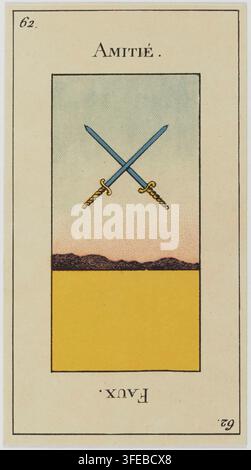 Eine Tarotkarte aus dem späten 19. Jahrhundert, speziell die Amitié- oder Freundschaftskarte, mit zwei gekreuzten Schwertern mit goldenen Griffen, aus einem französischen Tarotdeck, datiert zwischen 1875 und 1899. Stockfoto