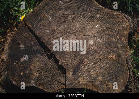 Nahaufnahme eines Querschnitts eines alten Baumstumpfs mit jährlichen Wachstumsringen und tiefen Rissen. Natürliche Holztextur symbolisiert Langlebigkeit und den Lauf der Zeit. Stockfoto