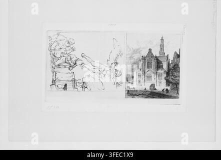 Eine Zeichnung von Léopold Flameng, einem französischen Radierer, die zwei nebeneinanderliegende Skizzen zeigt, eine mit einer dynamischen abstrakten Komposition mit Figuren in Bewegung und die andere mit einer detaillierten architektonischen Ansicht eines großen Gebäudes mit einem Turm, entstanden zwischen 1853 und 1893. Stockfoto