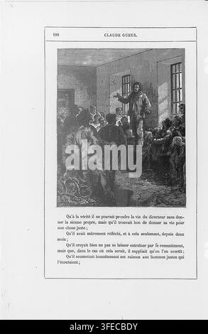 Eine Gruppe von Figuren in einem Raum, eine steht und gestikuliert, in einer Szene aus Claude Gueux, datiert 1883. Stockfoto
